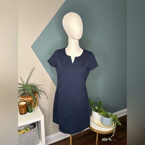 Boden Dresses & Skirts - Boden Navy Sheath Dress Size 8 Mod Minimalist Short Sleeve Notch Neck Retro